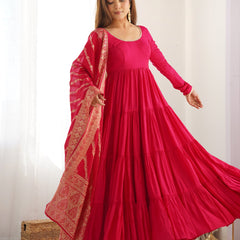 Premium Quality Roman Silk Pink Anarkali  Suit Set