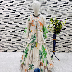 HEAVY CHINON SILK GOWNN AND KOTI SET WITH DIGITAL PRINT WORK OC-183