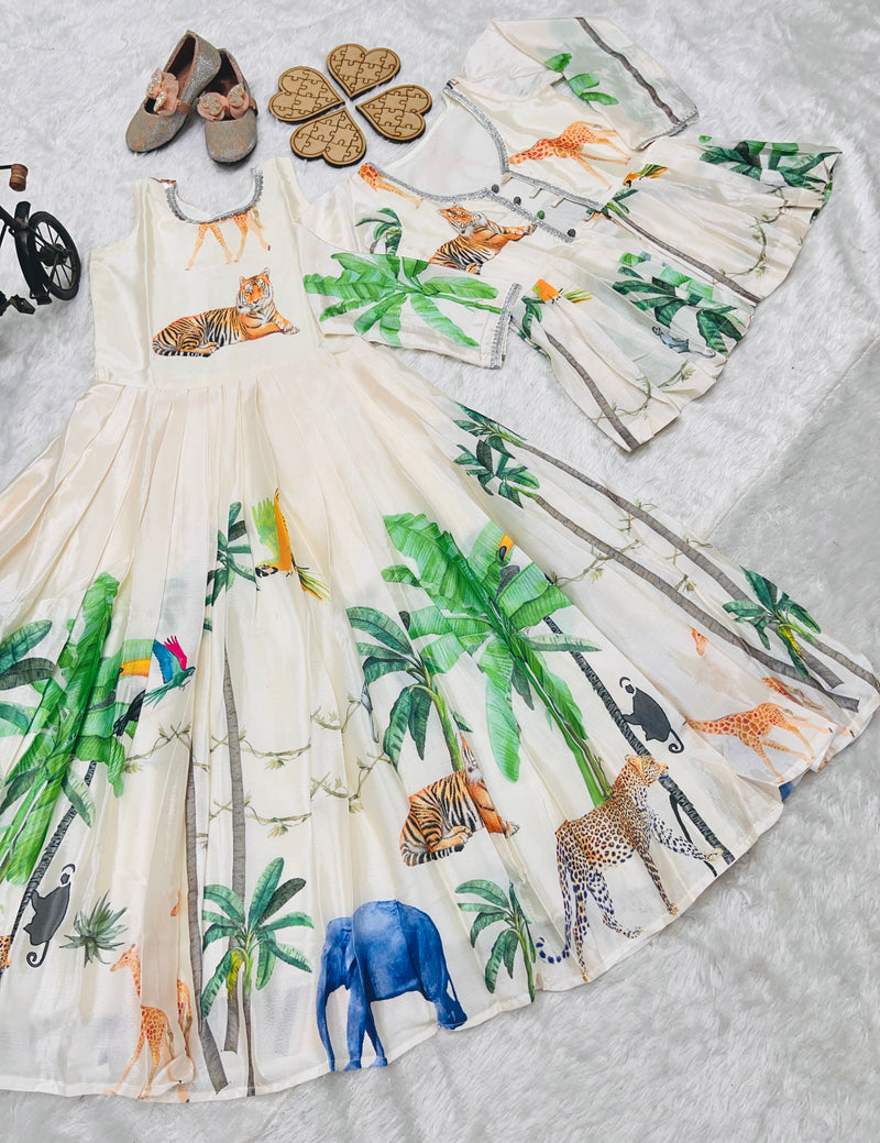 HEAVY CHINON SILK GOWNN AND KOTI SET WITH DIGITAL PRINT WORK OC-183