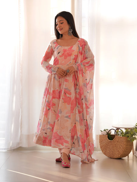MULTI FLORAL PRINT FABRIC FULLY FLAIR ANARKALI,WITH DUPPTA SET,PENT READY TO WEAR DKB-265-
