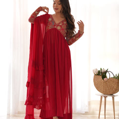 NAIRA CUT RED EMBROIDERY KURTA SET