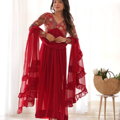 NAIRA CUT RED EMBROIDERY KURTA SET