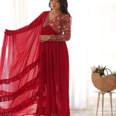 NAIRA CUT RED EMBROIDERY KURTA SET