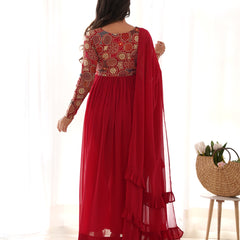 NAIRA CUT RED EMBROIDERY KURTA SET