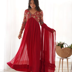 NAIRA CUT RED EMBROIDERY KURTA SET