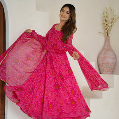 Premium Quality Bandhej Pink Anarkali Suit Set