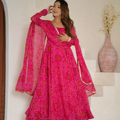 Premium Quality Bandhej Pink Anarkali Suit Set