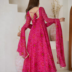 Premium Quality Bandhej Pink Anarkali Suit Set