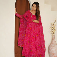 Premium Quality Bandhej Pink Anarkali Suit Set