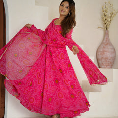 Premium Quality Bandhej Pink Anarkali Suit Set