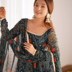 Premium Quality Bandhej Green Anarkali Suit Set