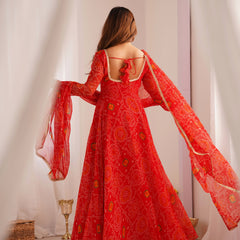 Premium Quality Bandhej Red Anarkali Suit Set