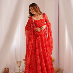 Premium Quality Bandhej Red Anarkali Suit Set