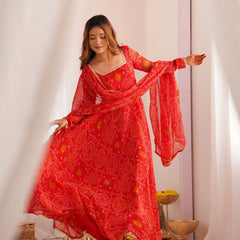 Premium Quality Bandhej Red Anarkali Suit Set