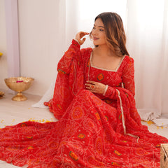 Premium Quality Bandhej Red Anarkali Suit Set