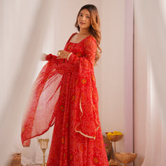 Premium Quality Bandhej Red Anarkali Suit Set