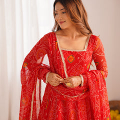 Premium Quality Bandhej Red Anarkali Suit Set