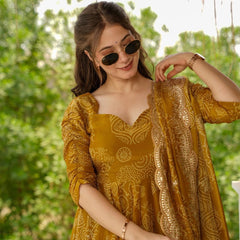 Bandhani Mehndi Colour Anarkali Suit Set