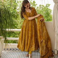 Bandhani Mehndi Colour Anarkali Suit Set