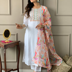 White Chanderi Kurti Set for Women