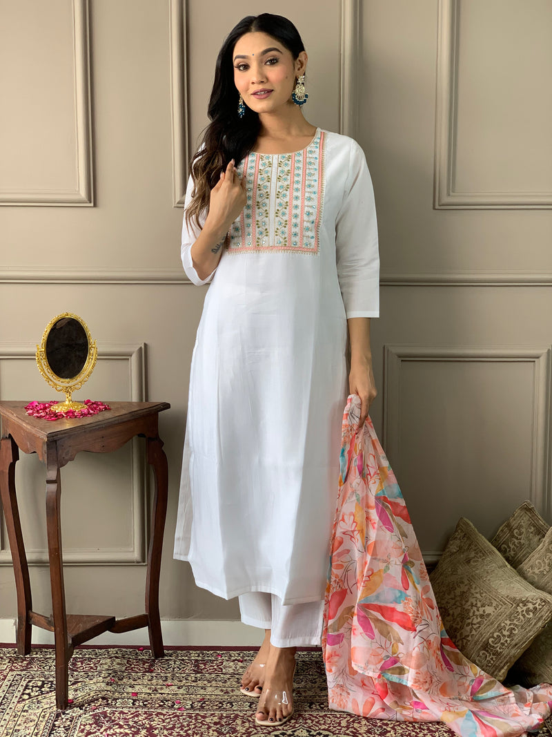 White Chanderi Kurti Set for Women