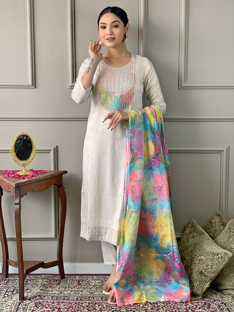 Women's Simar Embroidered Straight Kurta with Pant and Dupatta Sets