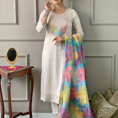 Women's Simar Embroidered Straight Kurta with Pant and Dupatta Sets