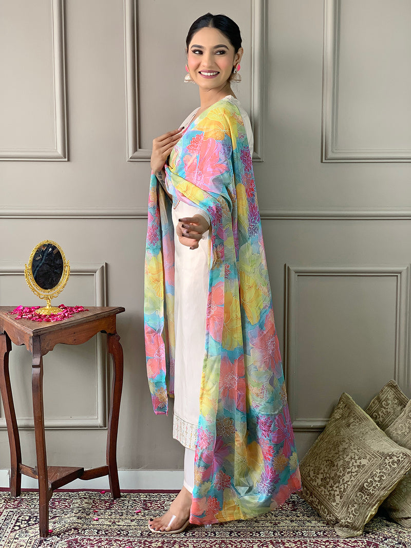 Women's Simar Embroidered Straight Kurta with Pant and Dupatta Sets