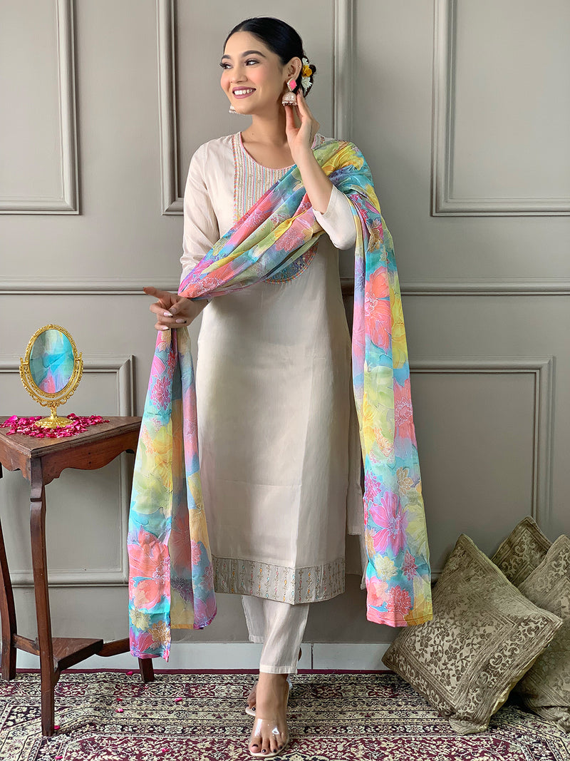 Women's Simar Embroidered Straight Kurta with Pant and Dupatta Sets