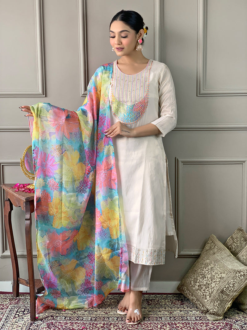 Women's Simar Embroidered Straight Kurta with Pant and Dupatta Sets