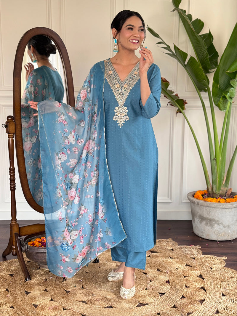 Women's Aqua Blue Viscose Rayon Straight Embroidered Kurti and Palazzo & Printed Dupatta Set