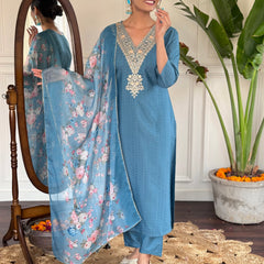 Women's Aqua Blue Viscose Rayon Straight Embroidered Kurti and Palazzo & Printed Dupatta Set