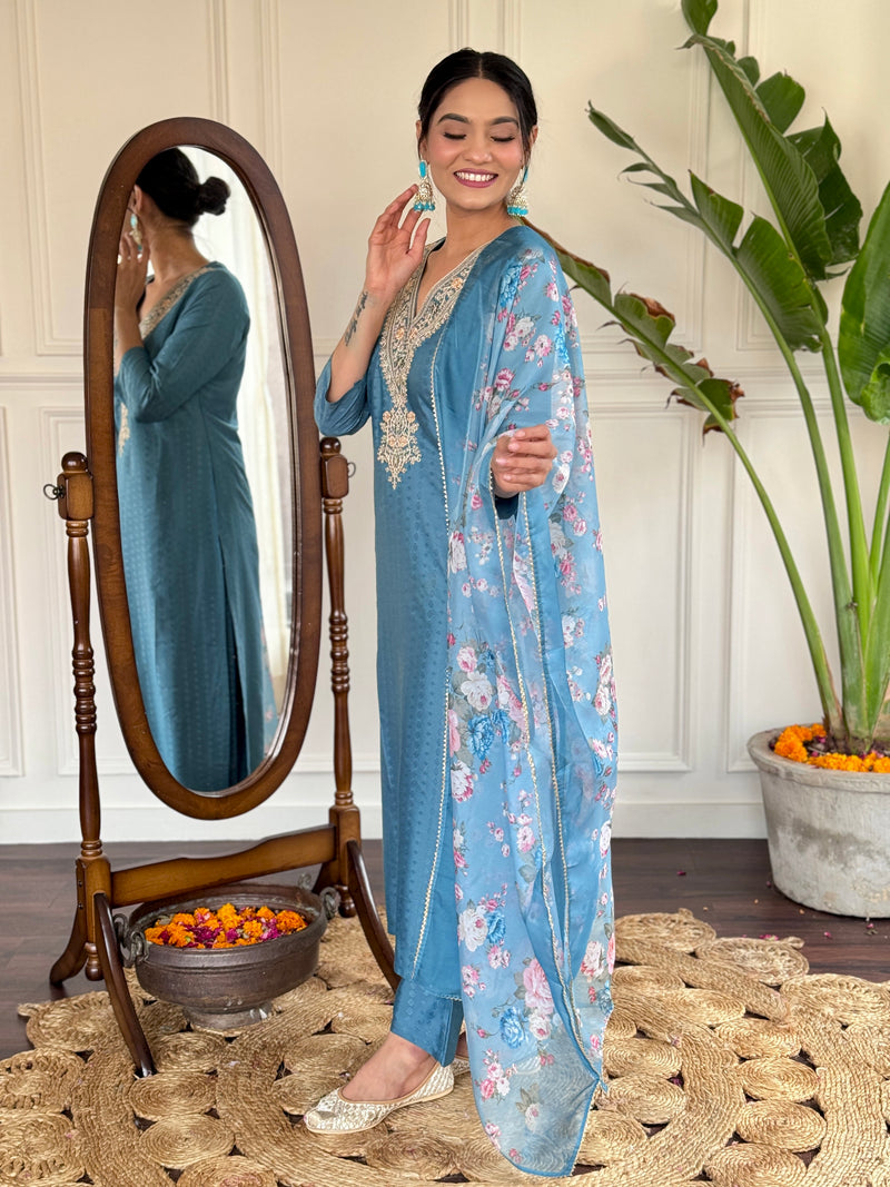 Women's Aqua Blue Viscose Rayon Straight Embroidered Kurti and Palazzo & Printed Dupatta Set