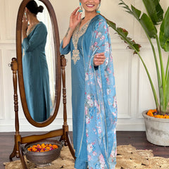 Women's Aqua Blue Viscose Rayon Straight Embroidered Kurti and Palazzo & Printed Dupatta Set