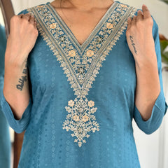 Women's Aqua Blue Viscose Rayon Straight Embroidered Kurti and Palazzo & Printed Dupatta Set