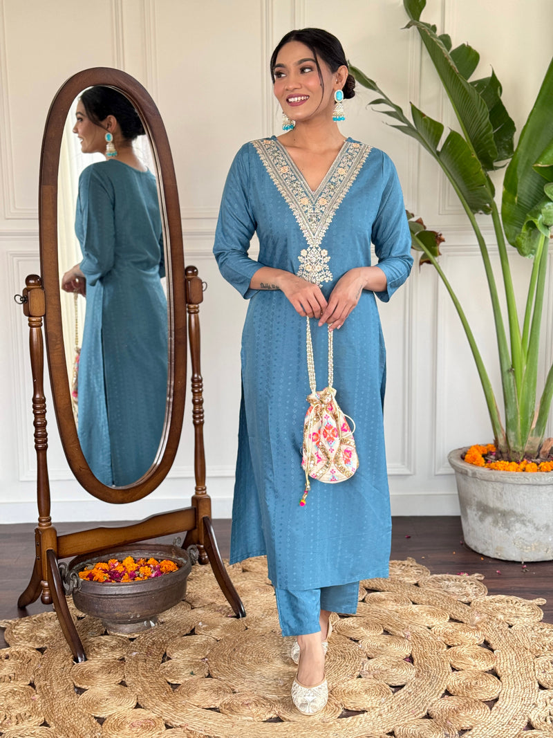 Women's Aqua Blue Viscose Rayon Straight Embroidered Kurti and Palazzo & Printed Dupatta Set