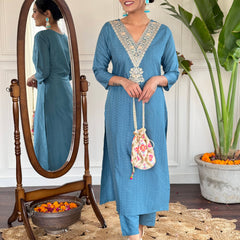 Women's Aqua Blue Viscose Rayon Straight Embroidered Kurti and Palazzo & Printed Dupatta Set