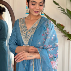 Women's Aqua Blue Viscose Rayon Straight Embroidered Kurti and Palazzo & Printed Dupatta Set