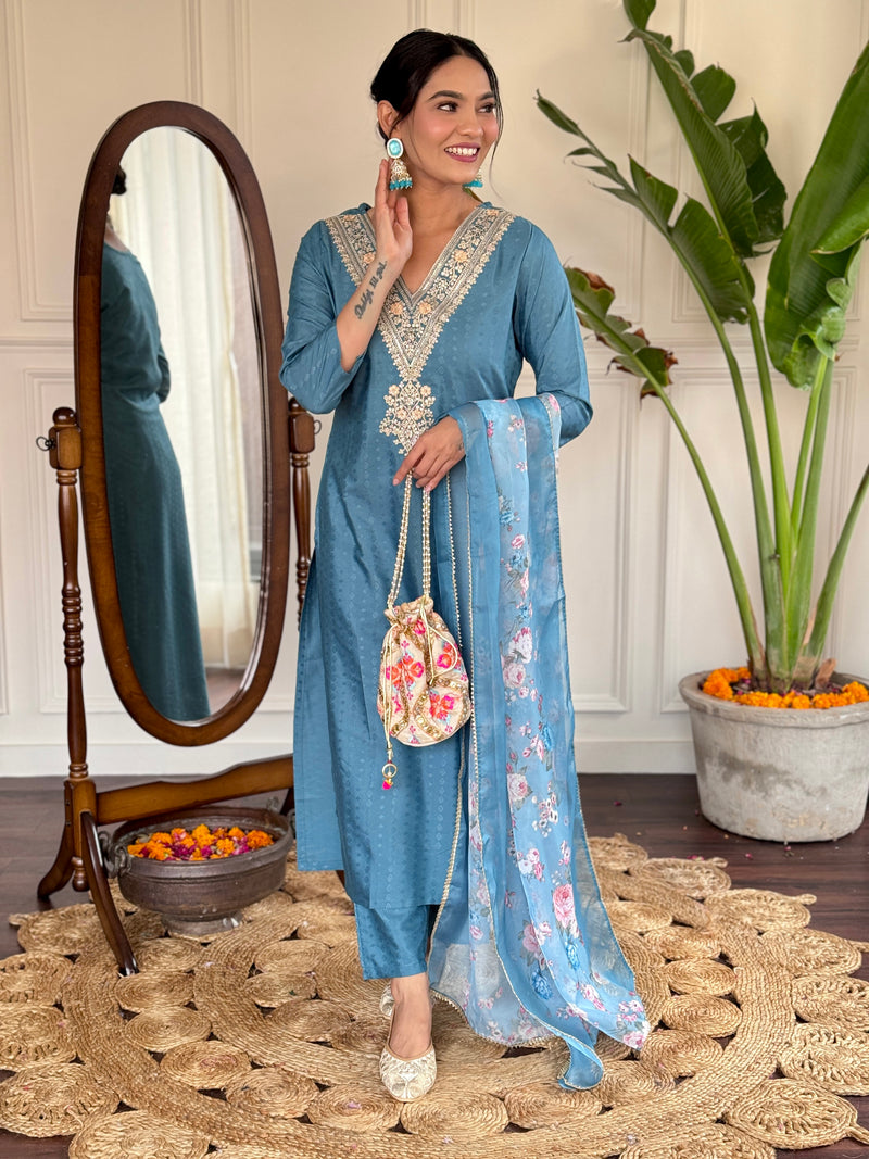 Women's Aqua Blue Viscose Rayon Straight Embroidered Kurti and Palazzo & Printed Dupatta Set