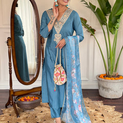 Women's Aqua Blue Viscose Rayon Straight Embroidered Kurti and Palazzo & Printed Dupatta Set