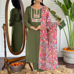 Chanderi Embroidered Straight Kurta with Chanderi Pant and French Crepe Printed Dupatta Sets