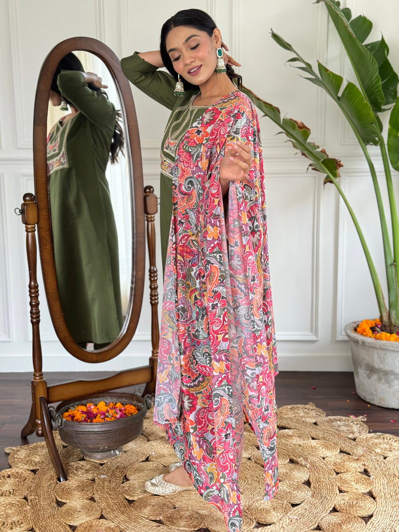 Chanderi Embroidered Straight Kurta with Chanderi Pant and French Crepe Printed Dupatta Sets