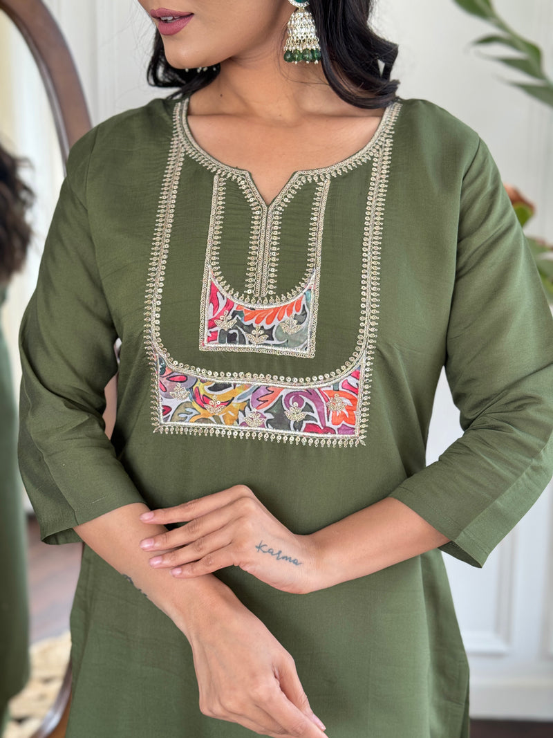 Chanderi Embroidered Straight Kurta with Chanderi Pant and French Crepe Printed Dupatta Sets