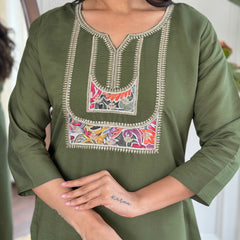 Chanderi Embroidered Straight Kurta with Chanderi Pant and French Crepe Printed Dupatta Sets