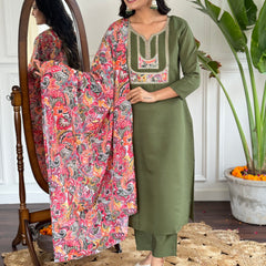 Chanderi Embroidered Straight Kurta with Chanderi Pant and French Crepe Printed Dupatta Sets