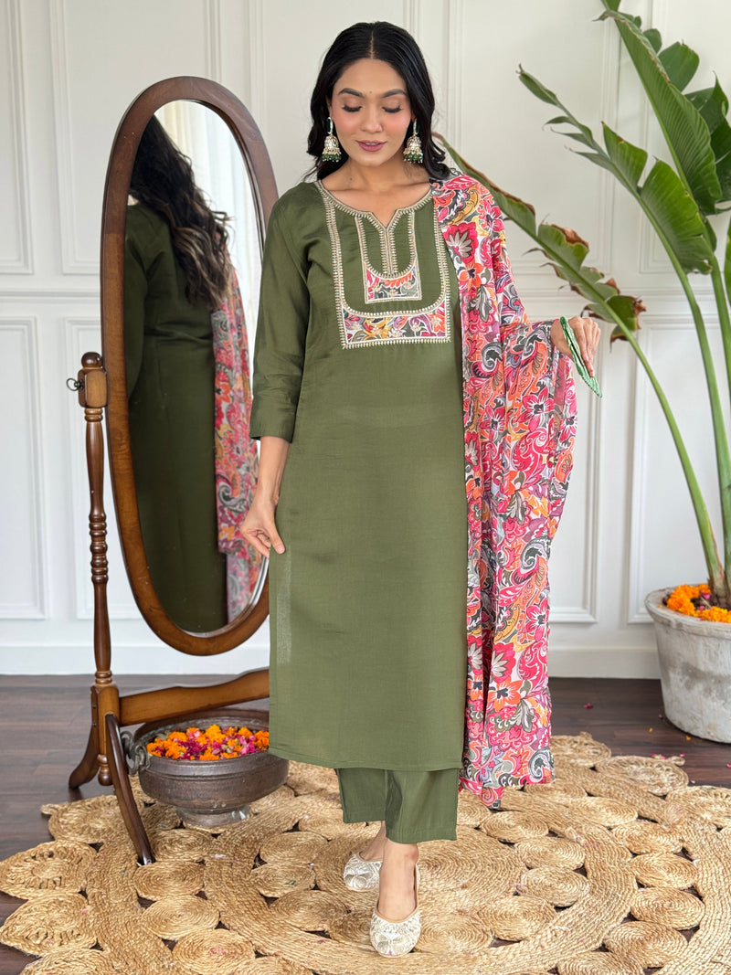 Chanderi Embroidered Straight Kurta with Chanderi Pant and French Crepe Printed Dupatta Sets