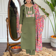 Chanderi Embroidered Straight Kurta with Chanderi Pant and French Crepe Printed Dupatta Sets