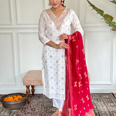 Women's Jacquard Viscose Embroidered Straight Kurta with Pant Dupatta SetsWomen's Jacquard Viscose Embroidered Straight Kurta with Pant Dupatta Sets