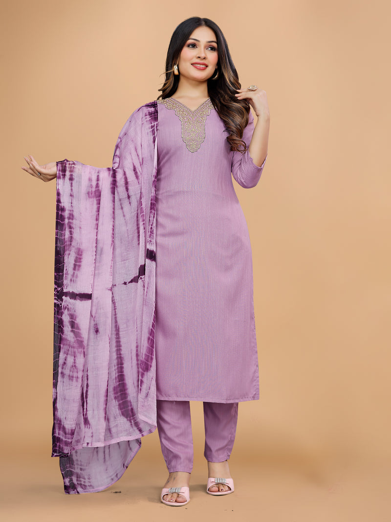 Women's Elegants Lavender Rayon Slub Sraight Suit Set with Tie-Dye Dupatta