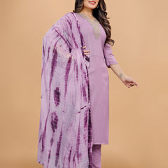 Women's Elegants Lavender Rayon Slub Sraight Suit Set with Tie-Dye Dupatta